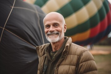 Environmental portrait photography of a grinning man in his 50s wearing a cozy sweater against a hot air balloon or skydiving background. Generative AI