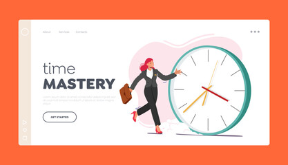Time Mastery Landing Page Template. Businesswoman Sprints Past Huge Clock, Checking Time, Cartoon Vector Illustration