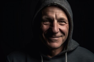 Portrait of a senior man in a hood on a black background
