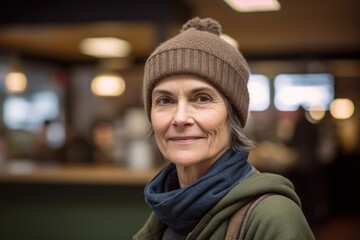 Portrait of smiling senior woman in cap and scarf at coffee shop