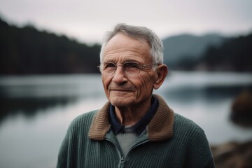 Portrait of an elderly man standing by the lake in the mountains.