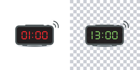 Digital alarm clock. set of red and green led digital clock number isolated on white and transparent background.Vector illustration.