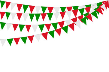 Fototapeta premium Italian republic day, 2nd June. Bunting Hanging Red White Green Flag Triangles Banner Background. Italy, Iran, Portugal, Lebanon, Belarus, Bulgaria, Mexico. Party, Fair, Christmas, New year, carnival.