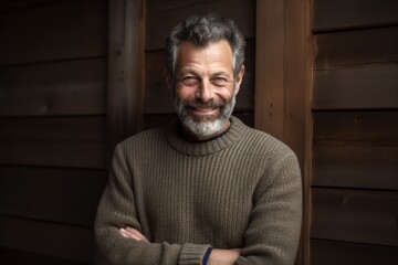 Portrait of a smiling senior man with gray hair and beard standing in front of a wooden wall