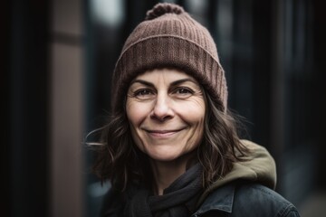 Portrait of a smiling woman in a hat on the street.