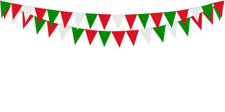 Italian republic day, 2nd June. Bunting Hanging Red White Green Flag Triangles Banner Background. Italy, Iran, Portugal, Lebanon, Belarus, Bulgaria, Mexico. Party, Fair, Christmas, New year, carnival.