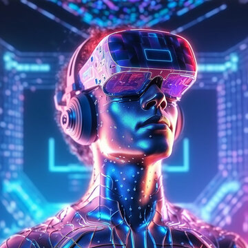 illustrazione di cyborg futuristico con casco VR simboleggiante la realt&agrave; virtuale e le nuove tecnologie, creta con intelligenza artificiale