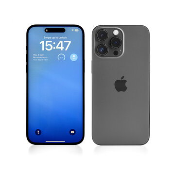 Uzhgorod, Ukraine - May 04, 2023: Studio shot of new Apple iPhone 14 Pro Max Space Black on a white background.