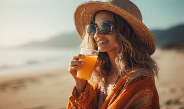 Happy Woman Drinking Orange Juice At Beach In Summer, Generative AI