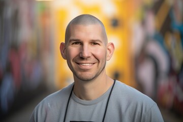 Portrait of a smiling young man in the city, blurred background