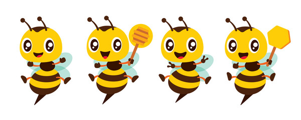 Cartoon cute bee with different poses mascot set holding honeycomb, honey dipper and victory sign gesture illustration collection flat design