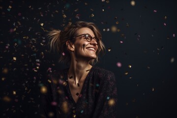 Happy young woman in glasses with confetti on black background. Celebration concept