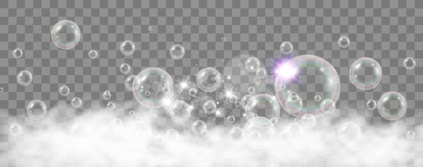 	
Air bubbles on a transparent background. Soap foam vector illustration.	
