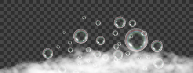 	
Air bubbles on a transparent background. Soap foam vector illustration.	
