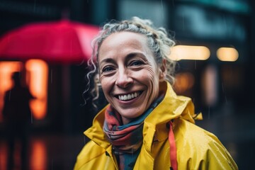 portrait of smiling middle aged woman in raincoat looking at camera