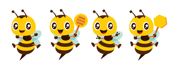 Cartoon cute bee with different poses mascot set holding honeycomb, honey dipper and victory sign gesture illustration collection flat design vector