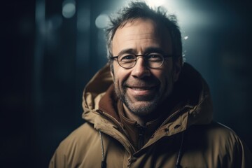 Portrait of a smiling middle-aged man in a raincoat and glasses