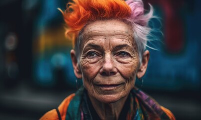 Obraz premium Portrait of aged woman with colorful hair, generative AI