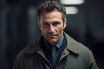 Portrait of a handsome middle-aged man in a gray coat