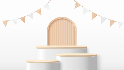Podium platform to show product with beige geometric shape. White minimal scene for product display presentation