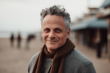 Portrait of handsome senior man with grey hair and scarf standing on beach