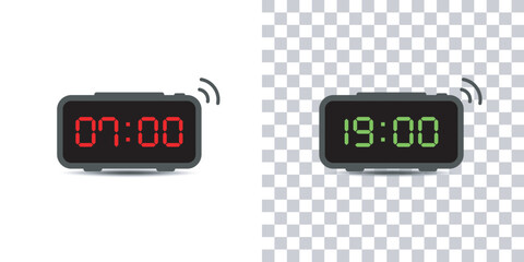 Digital alarm clock.set of red and green led digital clock number isolated on white and transparent background.Vector illustration. - obrazy, fototapety, plakaty