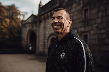 Portrait of a smiling man standing in front of an old church
