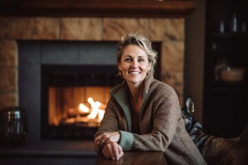 Fototapeta na wymiar Pet portrait photography of a grinning woman in her 40s wearing a chic cardigan against a cozy fireplace background. Generative AI