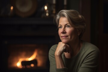 Portrait of a senior woman in front of a fireplace at home