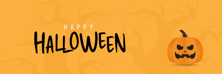 Halloween sale promotion. Empty tabletop to show product with focus to the table top in the foreground. Tabletop with pumpkin on orange background. Paper cut and craft style illustration