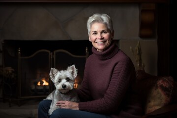 Portrait of a happy senior woman sitting with her dog at home