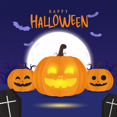 Happy halloween. Lantern orange pumpkin with pumpkin, bat and coffin for halloween on orange background. Vector illustration