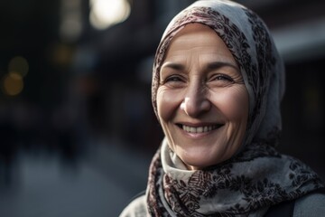 Portrait of happy senior muslim woman in hijab looking at camera and smiling