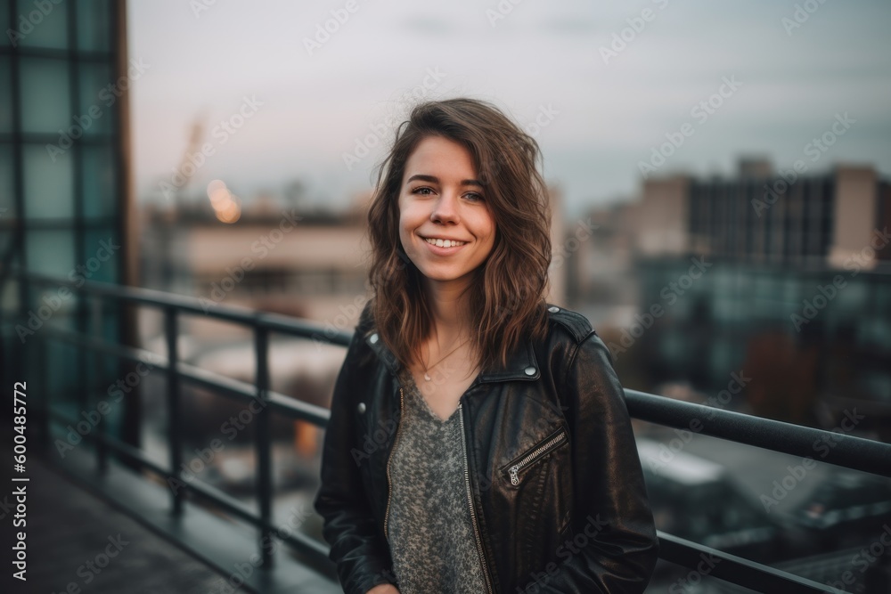 Wall mural Full-length portrait photography of a pleased woman in her 20s wearing a pair of leggings or tights against a rooftop bar or city view background. Generative AI