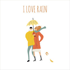 Flat vector illustration of a man with a woman, a couple walking in the rain with an umbrella. Hello autumn, cozy autumn, hand drawn, autumn forest.