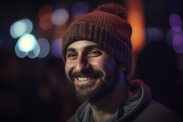 Portrait of a handsome man in a knitted hat at night