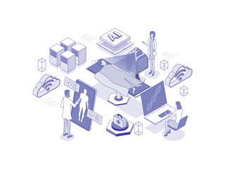 The innovative concept of healthcare involves an AI robot utilizing medical applications to examine a patient: artificial intelligence in healthcare lineal isometric illustration