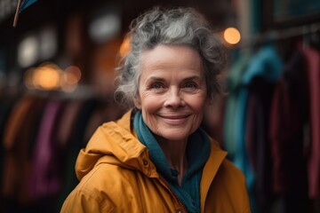 Portrait of smiling senior woman in yellow coat looking at camera in shop