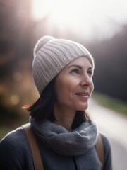 Portrait of a smiling woman wearing a hat and scarf in the park