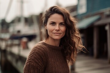 Fototapeta premium Lifestyle portrait photography of a satisfied woman in her 30s wearing a cozy sweater against a fishing village or dock background. Generative AI