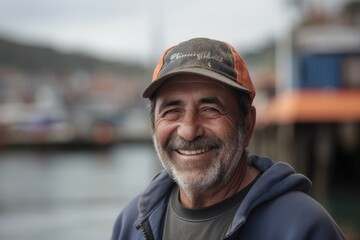 Environmental portrait photography of a grinning man in his 50s wearing a cool cap or hat against a fishing village or dock background. Generative AI