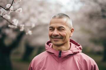 Portrait of a middle-aged man in a pink jacket against the background of blooming cherry trees.