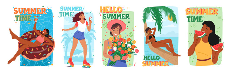 Bright Summer Time Posters Featuring Cheerful Women Characters Enjoying Summer Activities, Relax in Pool © Anna Syvak