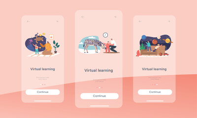 Virtual Learning Mobile App Page Onboard Screen Template. Kids And Parent Characters Wear Vr Glasses Use Technology