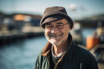 Environmental portrait photography of a grinning man in his 50s wearing a cool cap or hat against a fishing village or dock background. Generative AI - obrazy, fototapety, plakaty