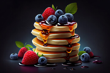 Healthy summer morning breakfast pancakes with fresh berry. Generative Ai