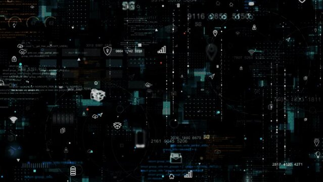 Motion graphic of Blue data matrix simulation digital grid line and ai technology icon with futuristic HUD screen on black abstract background
