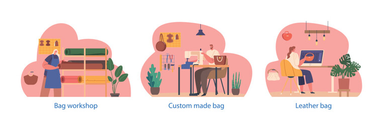Isolated Elements, Designer Characters Produce Bags in Atelier. People Modeling on Computer and Sewing