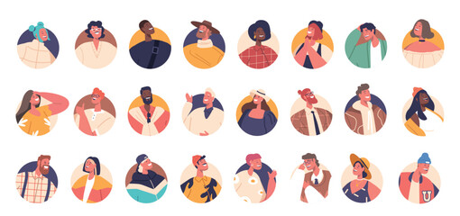 People Avatars In Different Races, Genders, Ages. Dressed In Casual Clothing And Presenting Various Facial Expressions
