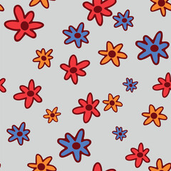 Multicolored flowers with leaves pattern. A pattern with painted flowers in a cute style. Floral Seamless Doodle Pattern